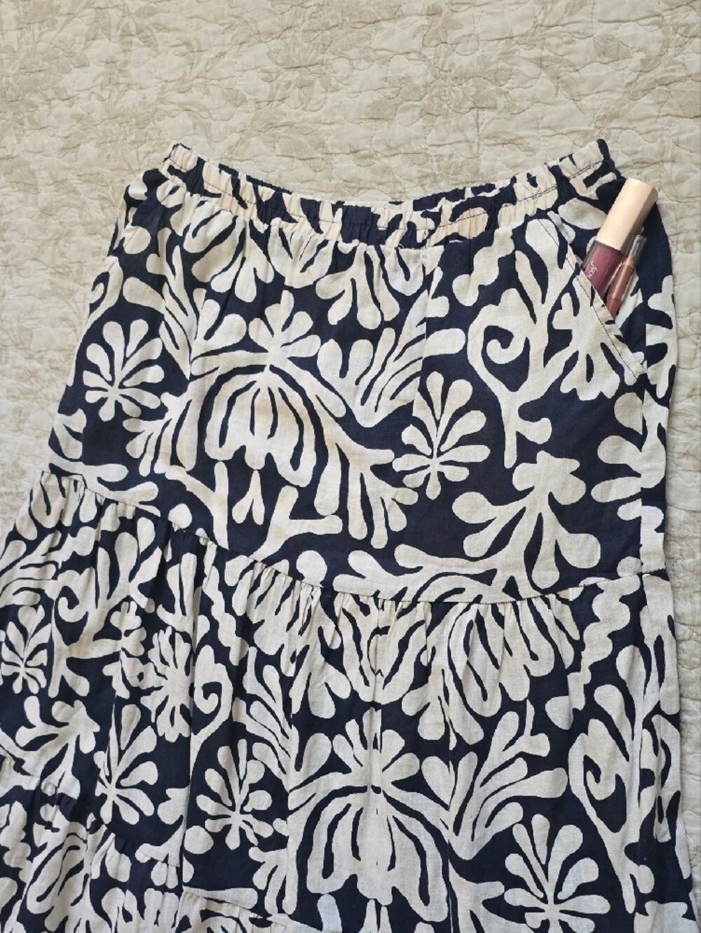 Linen Navy and White Floral Two-Piece Skirt Set - Picture 4 of 5